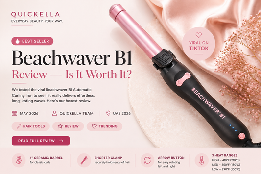 Beachwaver B1 automatic curling iron review banner with pink luxury beauty aesthetic, viral TikTok hair tool, ceramic barrel curler for effortless curls, Quickella UAE beauty blog featured image.